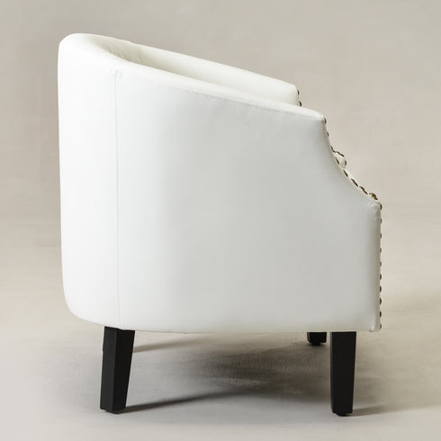 Louis Faux Leather Tufted Club Chair - White Accent Chair | Decorative Accent Chairs | Kinwell Furniture | Modern Club Chairs | Barrel Club Chair | Nailhead Trim Chair | Contemporary Faux Leather Chair | Elegant White Chair